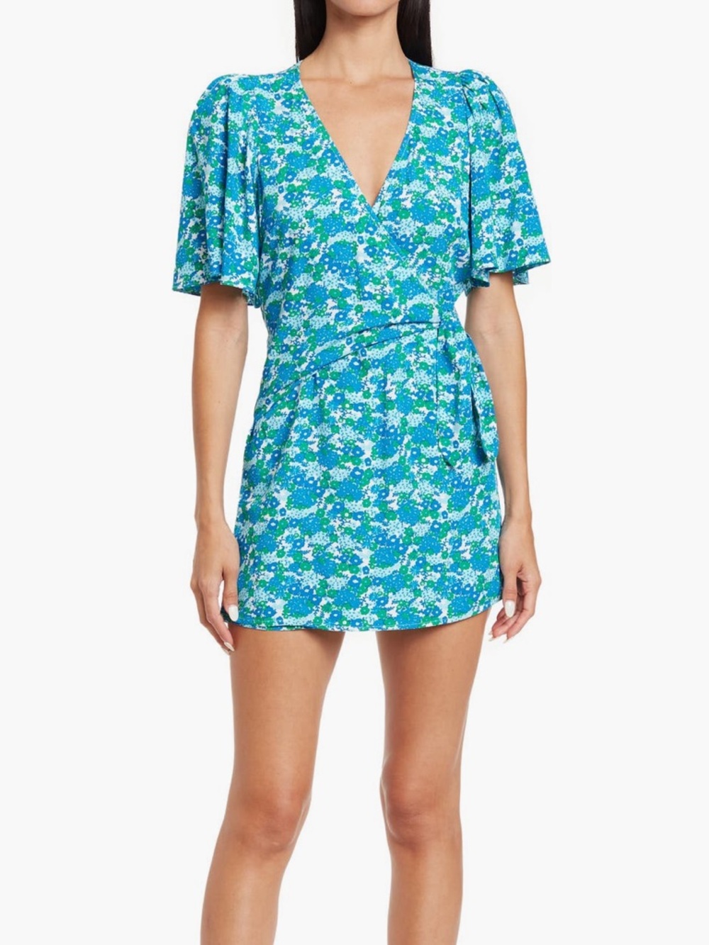 Socialite Blue & Green Floral Wrap Mini Dress